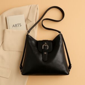 Elegant Black Faux Leather Shoulder Bag with Buckle Flap – Minimalist Daily Handbag for Women