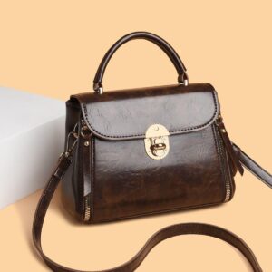 Vintage-Style Brown Leather Handbag with Top Handle & Crossbody Strap