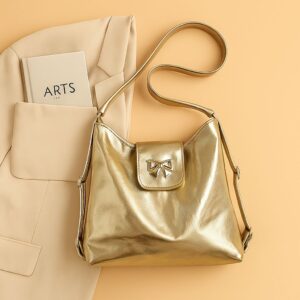 Chic Metallic Gold Backpack Purse with Bow Detail – Trendy Convertible Shoulder Bag for Women